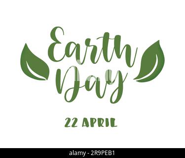 Vektordarstellung der Beschriftung des Earth Day mit isolierten Blättern auf weißem Hintergrund. Konzept des Weltumwelttags, Recycling, Nachhaltigkeit Stock Vektor