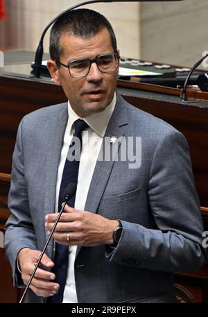 Brüssel, Belgien. 28. Juni 2023. Sander Loones von N-VA wurde am Mittwoch, den 28. Juni 2023 auf einer Plenarsitzung der Kammer im Bundesparlament in Brüssel abgebildet. BELGA FOTO ERIC LALMAND Kredit: Belga News Agency/Alamy Live News Stockfoto