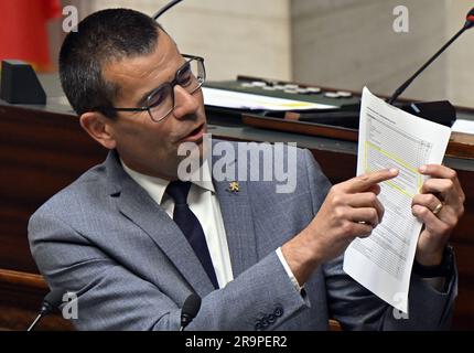 Brüssel, Belgien. 28. Juni 2023. Sander Loones von N-VA wurde am Mittwoch, den 28. Juni 2023 auf einer Plenarsitzung der Kammer im Bundesparlament in Brüssel abgebildet. BELGA FOTO ERIC LALMAND Kredit: Belga News Agency/Alamy Live News Stockfoto