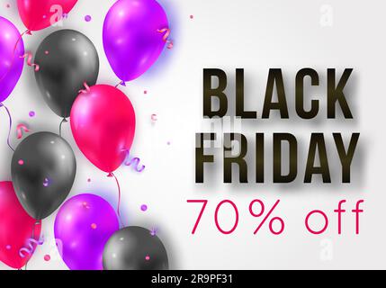 Vector Black Friday Sale Poster mit glänzenden Ballons, Bändern und Konfetti. Vorlage für Werbeplakate, Banner, Flyer, Prospekte, Karten. Stock Vektor