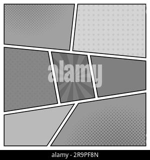 Schwarzweiß-Vektorvorlage einer Retro-Comic-Seite mit Strahlen, Sternen, Punkten und Halbtonhintergrund Stock Vektor