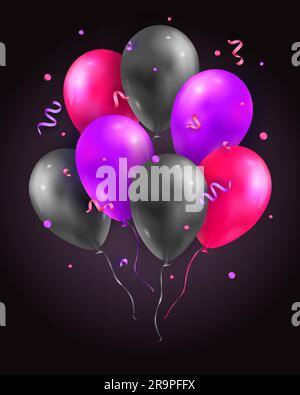 Vektorset aus glänzenden 3D fliegenden Ballons, Bändern und Konfetti. Party-Dekoration für Geburtstag, Jubiläum, Feier, Event-Design. Stock Vektor