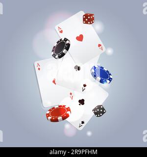 Hintergrund für Vektorpoker mit Spielkarten, Chips und Würfeln Stock Vektor