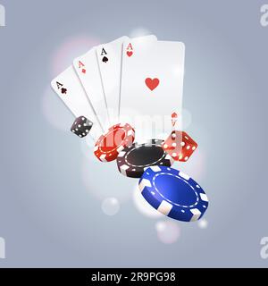 Hintergrund für Vektorpoker mit Spielkarten, Chips und Würfeln Stock Vektor