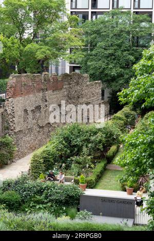 Stadtarbeiter genießen den relativen Frieden der modernen Metropole im Salters' Garden unter den Überresten der alten römischen Mauer, die einst die Grenze der antiken Stadt Londinium bildete - aber jetzt mit der Quadratmeile der Stadt London aus dem 21. Jahrhundert, Das Finanzviertel der Hauptstadt am 27. Juni 2023 in London, England. Die römische Mauer wurde zwischen 190 und 225 als defensive Mauer aus Stein um die Landseite der Stadt errichtet. Die Londoner Mauer war eines der größten Bauprojekte, die in römischem Großbritannien durchgeführt wurden und etwa 85.000 Tonnen Lumpen aus Kentish erforderten Stockfoto