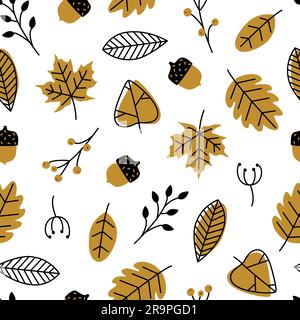Nahtloses Vektormuster mit Kritzelblättern, Eicheln. Moderne Einrichtung in der Herbstsaison. Grafisches Blumendesign Stock Vektor