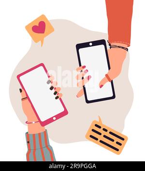 Vektor-trendige Illustration von Cartoon-Leuten, die Smartphones benutzen. Modernes Kommunikationskonzept des Handys mit Armen zur Anwendung, Modell Stock Vektor