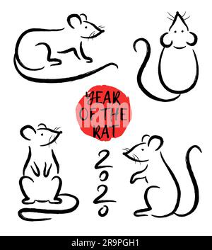 Vektorset mit handgezogenen Ratten. Symbol Zodiac-Zeichen. Dekorationselemente für das chinesische frohe neue Jahr 2020 Stock Vektor
