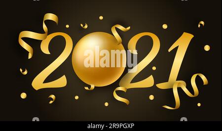 Vector Illustration 2021 FROHES NEUES JAHR mit 3D realistischen Zahlen und goldenen Glitzer-Konfetti. Plakat mit Typografiedruck, Urlaubshintergrund, saisonal f Stock Vektor