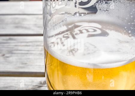 Carlsberg-Bierglas auf Biergarten-Tisch bei Nachmittagssonne. Siehe Hinweise zum Fokuspunkt. Metapher Carlsberg-Abschreibung in Russland. Stockfoto