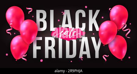 Vector Black Friday Sale Poster mit glänzenden Ballons und Konfetti. Vorlage für Werbeplakate, Banner, Flyer, Prospekte, Karten. Stock Vektor