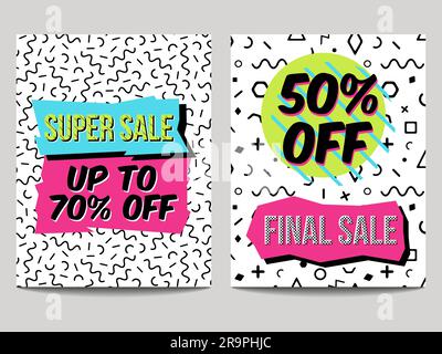 Vektorset abstrakter Verkaufsposter im Retro-80s-, 90s-memphis-Stil mit geometrischen Elementen Stock Vektor