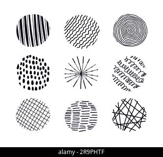 Vektorset mit runden strukturierten Elementen für Poster, Abzüge und Symbole für soziale Medien. Handgezeichnete moderne Doodle-Formen mit Streifen, Punkten und Linien Stock Vektor
