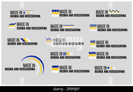 Grafik- und Etikettenset hergestellt in Bosnien. Auswirkungselement für die Verwendung, die Sie daraus machen möchten. Stock Vektor