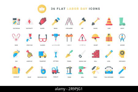 Instrumente vom Werkzeugkasten für Arbeiter bis hin zu Mess- und Reparaturarbeiten, Werkzeugsatz für die Arbeit, Bautechniksymbole. Mechanikwerkzeuge und Industrieausrüstung trendige flache Symbole stellen Vektordarstellungen dar Stock Vektor