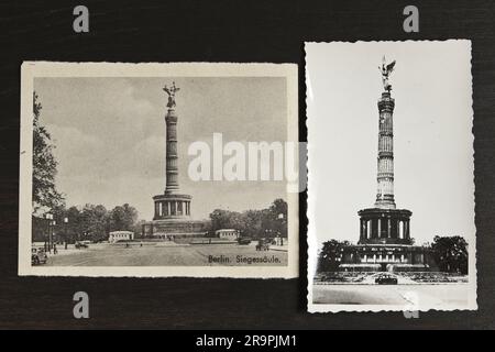 Archivfotos 2 der Berliner Siegessäule vor dem 1930er. Und nach dem 1945. Weltkrieg Stockfoto