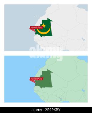 Mauretanien Karte mit Pin der Landeshauptstadt. Zwei Arten von Karten Mauretaniens mit Nachbarländern. Vektorvorlage. Stock Vektor