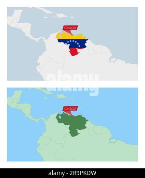 Karte Venezuelas mit Landhauptstadt. Zwei Arten von Karten Venezuelas mit Nachbarländern. Vektorvorlage. Stock Vektor