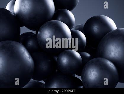 Abstrakte schwarze Gummi- oder Betonkugeln auf schwarzem Hintergrund. Stockfoto