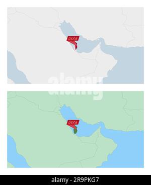 Karte von Katar mit Landhauptstadt. Zwei Arten von Katar-Karten mit Nachbarländern. Vektorvorlage. Stock Vektor
