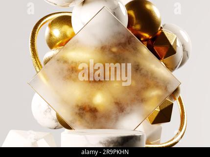 Abstrakter weißer Marmor und goldene Kugeln isoliert auf weißem Hintergrund. Stockfoto