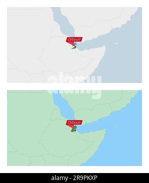 Karte von Dschibuti mit Landhauptstadt. Zwei Arten von Dschibuti-Karten mit Nachbarländern. Vektorvorlage. Stock Vektor