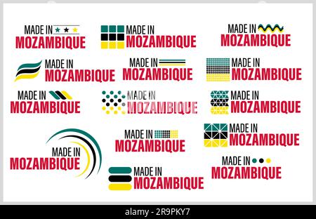 „Made in Mosambique“-Grafik und Etikettenset. Auswirkungselement für die Verwendung, die Sie daraus machen möchten. Stock Vektor