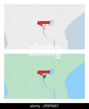 Burundi-Karte mit Landhauptstadt. Zwei Arten von Burundi-Karte mit Nachbarländern. Vektorvorlage. Stock Vektor