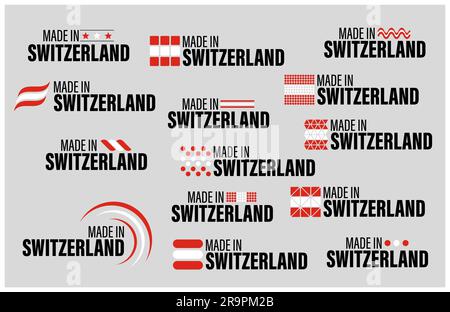 Grafik- und Etikettenset hergestellt in der Schweiz. Auswirkungselement für die Verwendung, die Sie daraus machen möchten. Stock Vektor