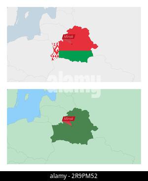 Weißrussische Karte mit Pin der Landeshauptstadt. Zwei Arten von Weißrussland weisen Nachbarländer auf. Vektorvorlage. Stock Vektor
