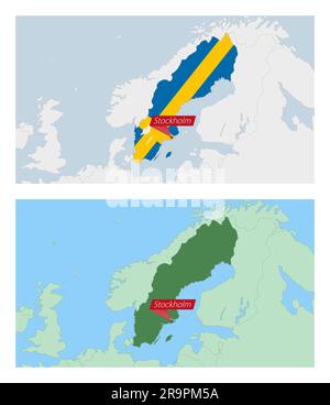 Karte Schweden mit Pin der Landeshauptstadt. Es gibt zwei Arten von Schweden, die Nachbarländer zuordnen. Vektorvorlage. Stock Vektor