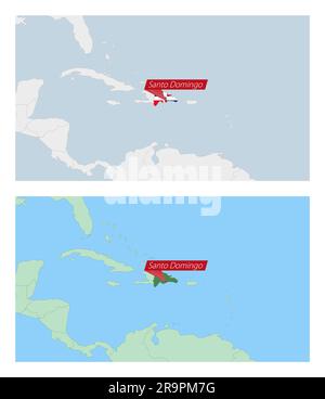 Karte der Dominikanischen Republik mit Landhauptstadt. Zwei Arten von Karten der Dominikanischen Republik mit Nachbarländern. Vektorvorlage. Stock Vektor