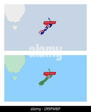 Neuseeländische Karte mit Landhauptstadt. Zwei Arten von Neuseeland Karten mit Nachbarländern. Vektorvorlage. Stock Vektor