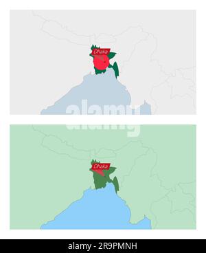 Bangladesch Karte mit Pin der Landeshauptstadt. Zwei Arten von Bangladesch-Karten mit Nachbarländern. Vektorvorlage. Stock Vektor