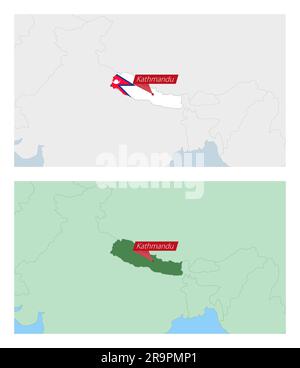 Karte Nepals mit Landhauptstadt. Zwei Arten von Karten mit Nachbarländern in Nepal. Vektorvorlage. Stock Vektor