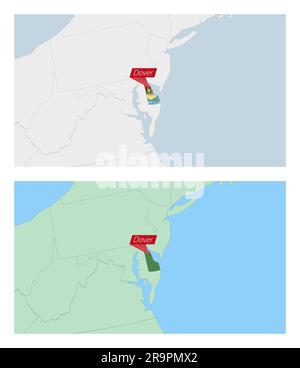 Karte von Delaware mit Landhauptstadt. Zwei Arten von Delaware Karten mit Nachbarländern. Vektorvorlage. Stock Vektor