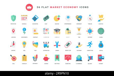 Elektronische Geldbörse, Sparschwein und Geldfluss, Handschlag und Bezahlung, Schutz der Lieferung in der mobilen App. Die trendigen flachen Symbole für Wirtschaft, Finanzen und Geld stellen die Vektordarstellung ein Stock Vektor