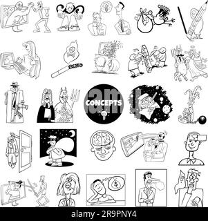 Schwarz-weiß-Abilustrationsset mit humorvollen Cartoon-Konzepten oder Metaphern und Ideen mit Comic-Charakteren Stock Vektor