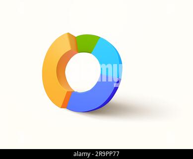 3D-Ringdiagramm, Rad- oder Tortendiagramm, isoliert auf weißem Hintergrund. Konzept für Portfolio, Dashboard, Analysen, crm, erp, Investitionen, Handel, Infografik, Präsentationsbanner. 3D-Vektordarstellung. Vektordarstellung Stock Vektor