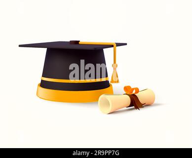 3D Graduierungskappe oder Hut und Diplom, isoliert auf Hintergrund. Konzept für Universität, College, Akedamie, Highschool Zeremonie, Stipendium, Aufnahmebanner, Student mit Abschluss. 3D-Vektordarstellung. Vektordarstellung Stock Vektor
