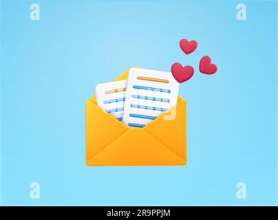 3D offener Umschlag mit Buchstaben und Herzen, isoliert auf dem Hintergrund. Design Conept für Liebesbrief, E-Mail, Geschenk, valentinstag, Nachricht, Posten. 3D-Vektordarstellung. Vektordarstellung Stock Vektor