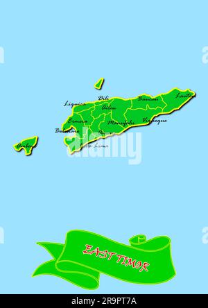Karte von Osttimor mit Unterregionen in Grün Ländername in Rot Stockfoto