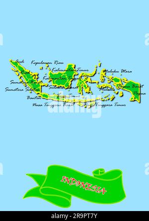 Karte Indonesiens mit Unterregionen in Grün Ländername in Rot Stockfoto