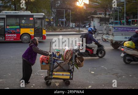 Ein sehr alter Markthändler treibt ihre Waren unter den Verkehr auf der Yen Phu Road in Richtung Long Bien Market in Hanoi, Vietnam. Stockfoto