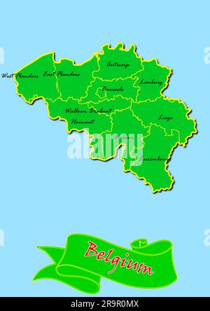 Karte von Belgien mit Unterregionen in Grün Ländername in Rot Stockfoto