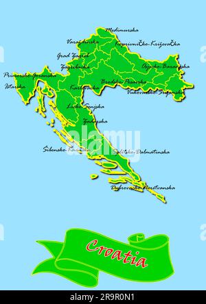 Karte von Kroatien mit Unterregionen in Grün Ländername in Rot Stockfoto