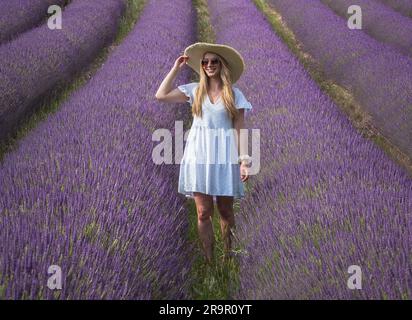 Ein junges Mädchen auf den Lavanderfeldern. Frankreich - Provence Stockfoto