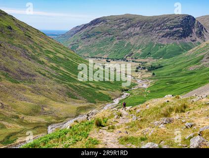 Walker blickt auf Lingmell Beck in Richtung Wasdale Head und Yewbarrow im Lake District Cumbria UK Stockfoto