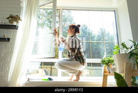 Frau wäscht das Fenster des Hauses manuell mit einem Lappen mit Reinigungsspray und Mopp innen mit weißen Vorhängen. Ordnung und Sauberkeit wiederherstellen Stockfoto