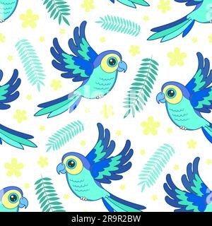 Nahtloses Muster mit blauen Papageien und Blättern. Vektor Stock Vektor